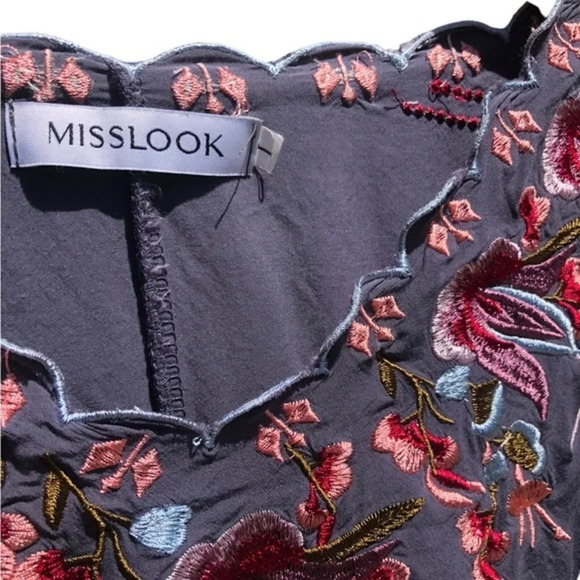 Misslook Embroidered Gray Short Sleeve Top V Neck Boho Blouse Size L - Picture 5 of 11